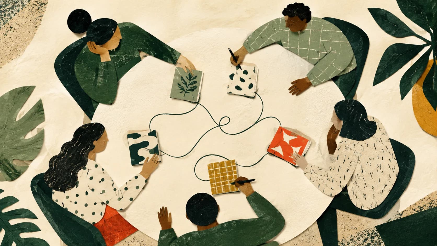 Paper-cut illustration of a team gathered around a round table.